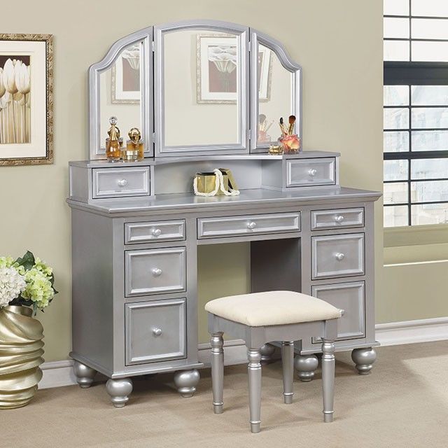 Furniture of America® Tracy Silver Vanity with stool