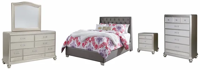Signature Design by Ashley® Coralayne 5-Piece Silver Full Upholstered Panel Youth Bed Set