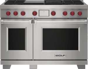 Wolf® 48" Stainless Steel Freestanding Dual Fuel Liquid Propane Range and Infrared Charbroiler and Infrared Griddle