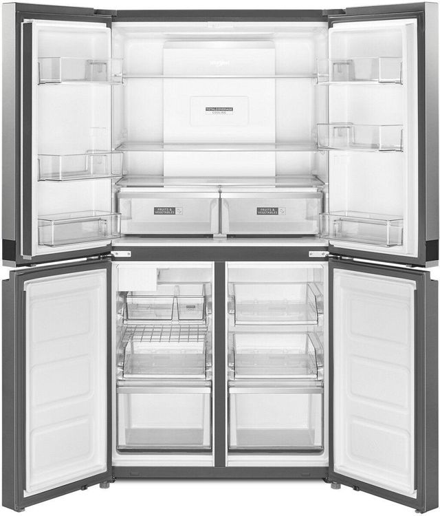 Whirlpool 4pc Appliance Package - 19.4 Cu. Ft. Counter-Depth Side-by-Side Quad Door Fridge and Convection Electric Range with Air Fry-2