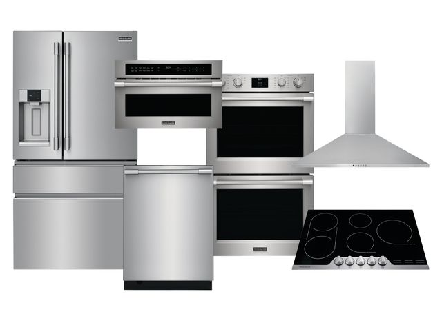 Frigidaire Professional® 6-Piece Built-In Kitchen Package with a 21.4 Cu. Ft. Smudge-Proof® Stainless Steel Counter Depth French Door Refrigerator, 30" double wall oven, 30" built-in microwave, 30" electric cooktop, 30" chimney hood, and dishwasher
