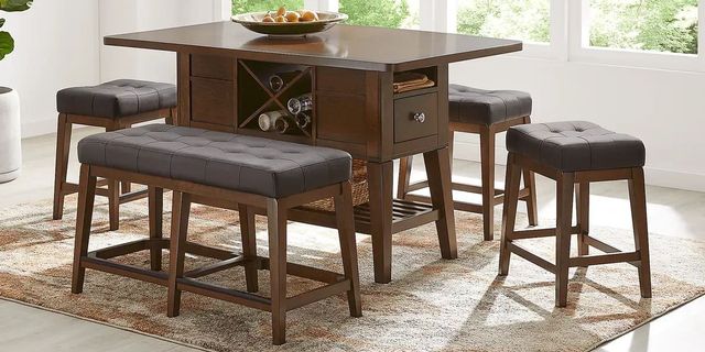 Walstead Place Counter Table, 4 Brown Kyoto Stools and Bench-0