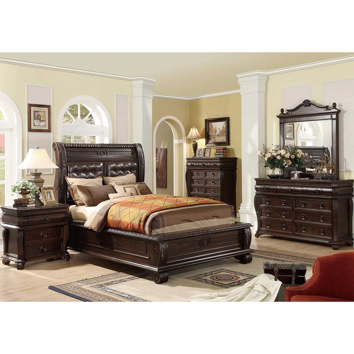 Home Insights New Hillsboro Queen Upholstered Bed, Dresser, Mirror & Nightstand