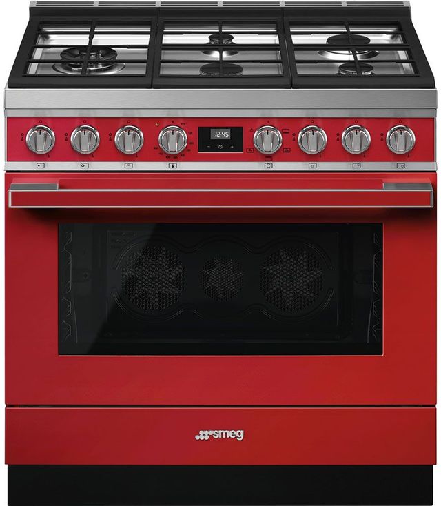 Smeg Portofino Aesthetic 36" Red Pro Style Gas Range 0