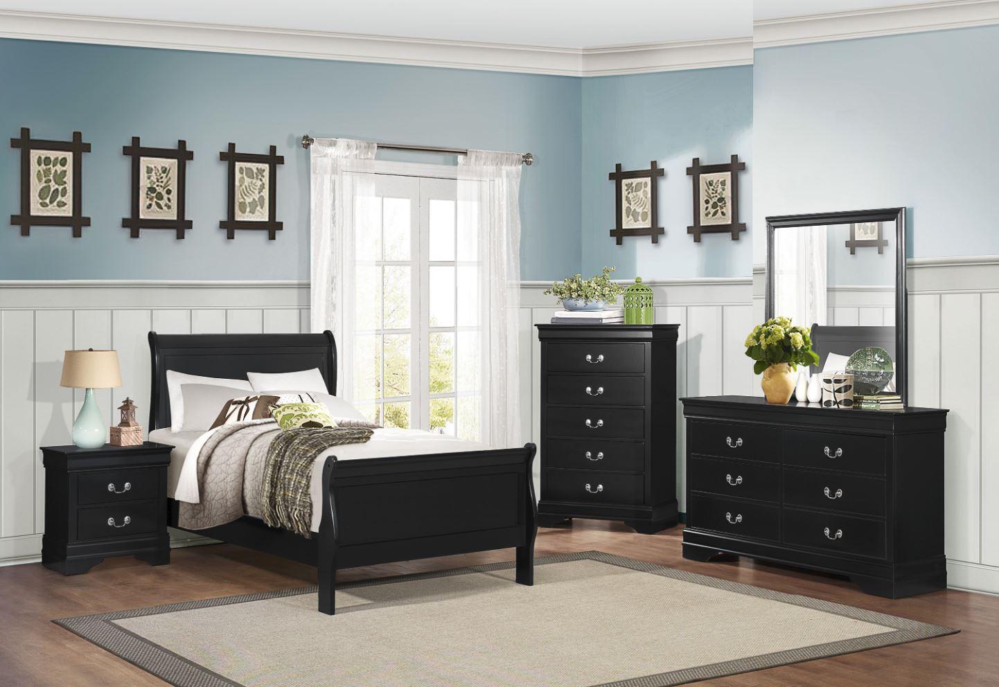 Homelegance Mayville Black Youth Full Sleigh Bed, Dresser, Mirror and Nightstand