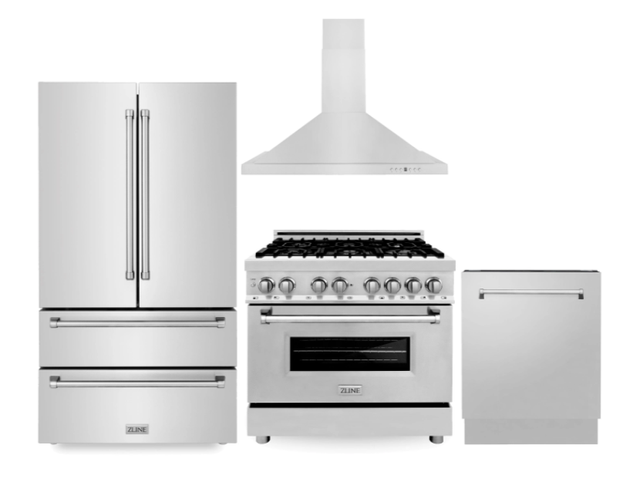 ZLINE Kitchen Package with Refrigeration, 36" Stainless Steel Dual Fuel Range, 36" Convertible Vent Range Hood and 24" Tall Tub Dishwasher-0