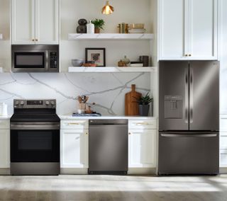 LG 4 Piece Kitchen Package with a 29 Cu. Ft. Capacity 3-Door French Door Refrigerator PLUS a FREE 5.8 cu. ft. Upright Freezer OR 6.9 cu. ft. All-Refrigerator!