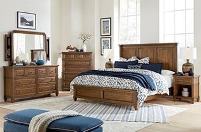 Aspenhome Thornton Sienna Queen Bed, Dresser, Mirror with Jewelry Storage, Chest and 1 Nightstand 1