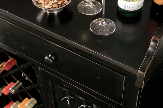 Howard Miller® Cabernet Hills Worn Black Wine & Bar Console 1