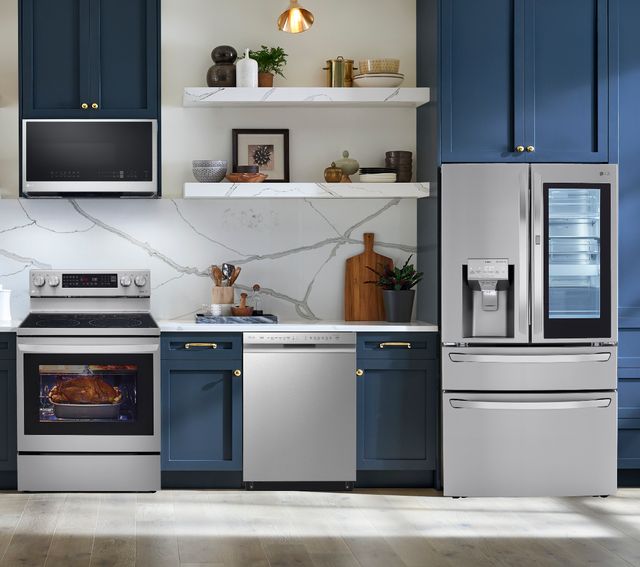 LG 4 Piece Kitchen Package with a 29.5 Cu. Ft. Capacity Smart French Door Craft Ice™ Refrigerator PLUS a FREE $200 Furniture Gift Card!