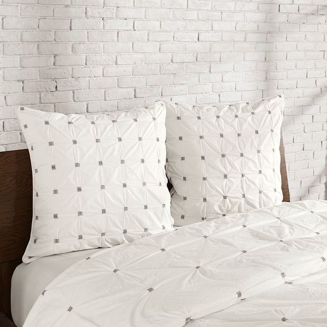 Olliix by INK+IVY 3 Piece White Full/Queen Masie Elastic Embroidered Cotton Duvet Cover Set-1