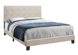 Bed, Queen Size, Platform, Bedroom, Frame, Upholstered, Linen Look, Wood Legs, Beige, Black, Transitional