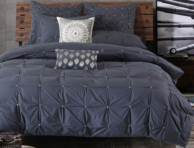 Olliix by INK+IVY 3 Piece Navy Full/Queen Masie Elastic Embroidered Cotton Duvet Cover Set-0