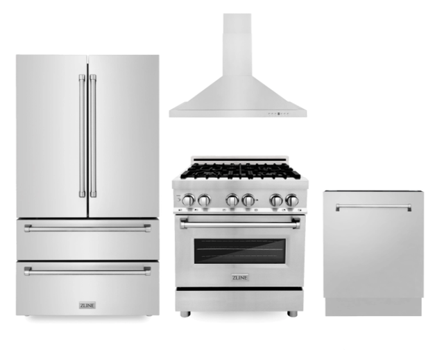 ZLINE Kitchen Package with Refrigeration, 30" Stainless Steel Dual Fuel Range, 30" Convertible Vent Range Hood and 24" Tall Tub Dishwasher-0