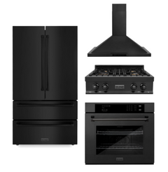 Kitchen Package with Black Stainless Steel Refrigeration, 30" Rangetop, 30" Range Hood and 30" Single Wall Oven
