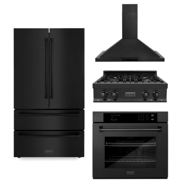 Kitchen Package with Black Stainless Steel Refrigeration, 30 Rangetop, 30  Range Hood and 30 Single Wall Oven