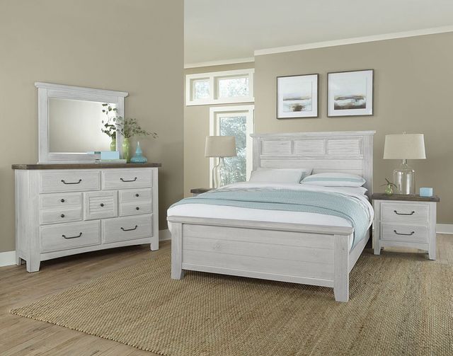 Vaughan-Bassett Sawmill Saddle Alabaster Two Tone King Louver Bed 1