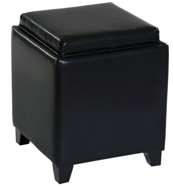 Armen Living Rainbow Black Bonded Leather Storage Ottoman With Tray