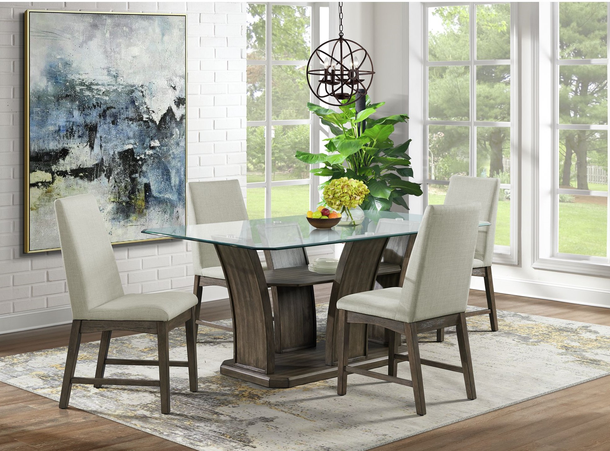 Elements International Dapper Grey/Glass Dining Table With 4 Chairs Set
