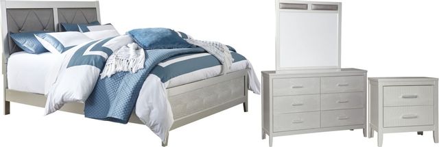Signature Design by Ashley® Olivet 4-Piece Silver King Upholstered Panel Bed Set
