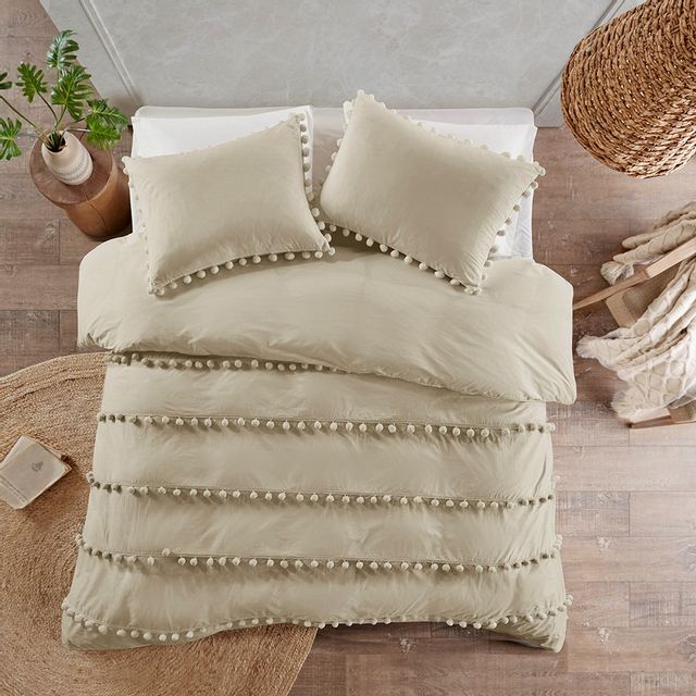 3 Piece Pom | Leona Madison Comforter Set Full/Queen Pom Cotton Furniture Mills Taupe by Olliix Bob Park