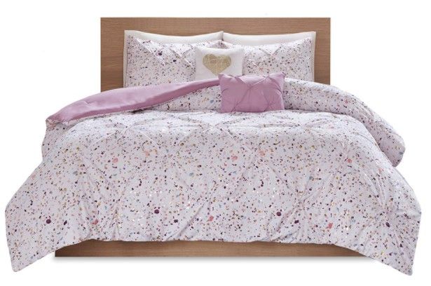 Olliix By Intelligent Design Abby Plum Fullqueen Metallic Printed And Pintucked Comforter Set 