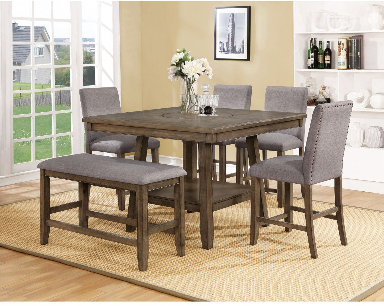 Crown Mark Manning 6 Piece Gray/ Brown Counter Height Dining Table Set with Bench