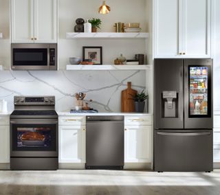 LG 4 Piece Kitchen Package with a 29.7 Cu. Ft. Capacity French Door Craft Ice Smart Refrigerator PLUS a FREE 5.8 cu. ft. Upright Freezer OR 6.9 cu. ft. All-Refrigerator!