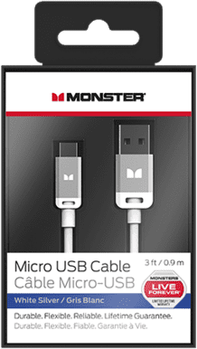 Monster® 3' Mobile High Performance USB A 2.0/Micro USB B Cable-White/Silver 1