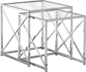 Nesting Table, Set Of 2, Side, End, Accent, Living Room, Bedroom, Metal, Tempered Glass, Chrome, Clear, Contemporary, Modern