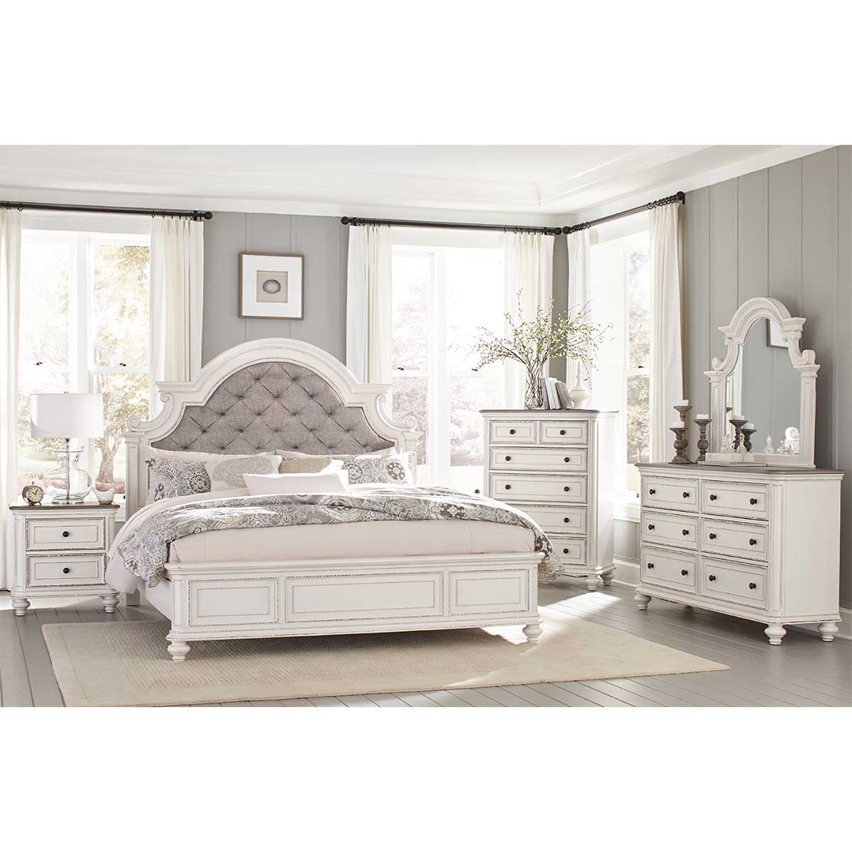 Homelegance Vintage Queen Upholstered Bed, Dresser, Mirror & Nightstand