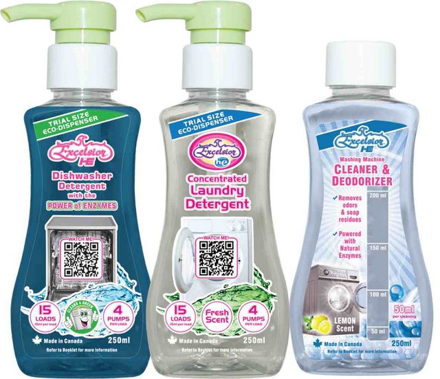 Ensemble découverte Excelsior® (250 ml) - Détergent pour lave-vaiselle, détergent à lessive parfum frais et nettoyant et désodorisant pour laveuse