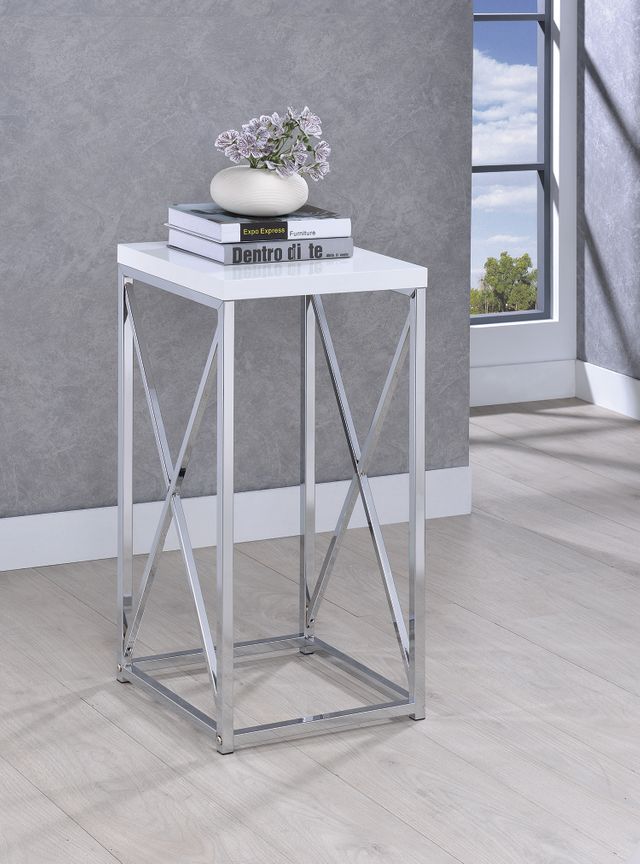 Coaster® Edmund Glossy White/Chrome Accent Table with X-Cross-3