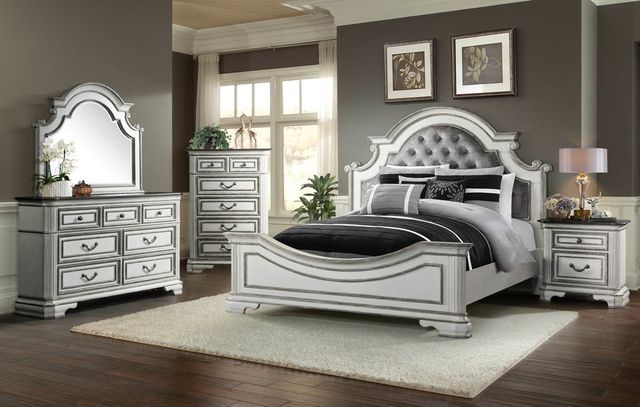 Elements International Leighton Manor Antique White Upholstered Queen Bed 2