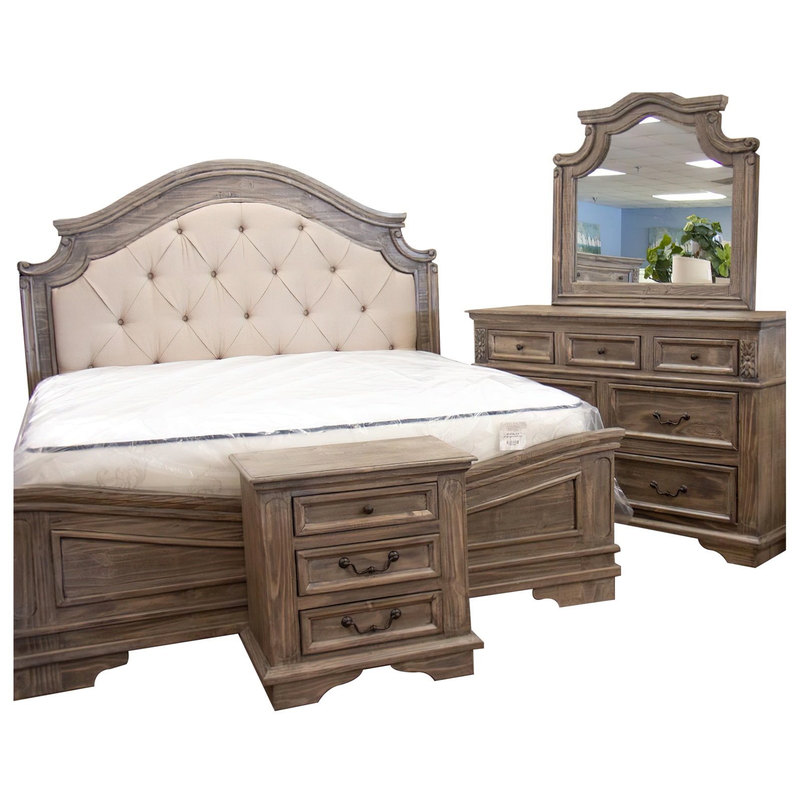 Vintage Furniture Freedom Upholstered King Bed, Dresser, Mirror & Nightstand