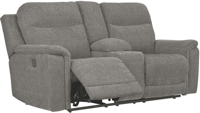 Signature Design by Ashley® Mouttrie Smoke Power Reclining Loveseat with Adjustable Headrest 0