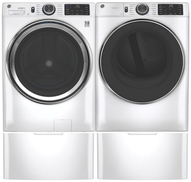GE 650 Series White Front Load Washer & Gas Dryer Package w/ Pedestals
