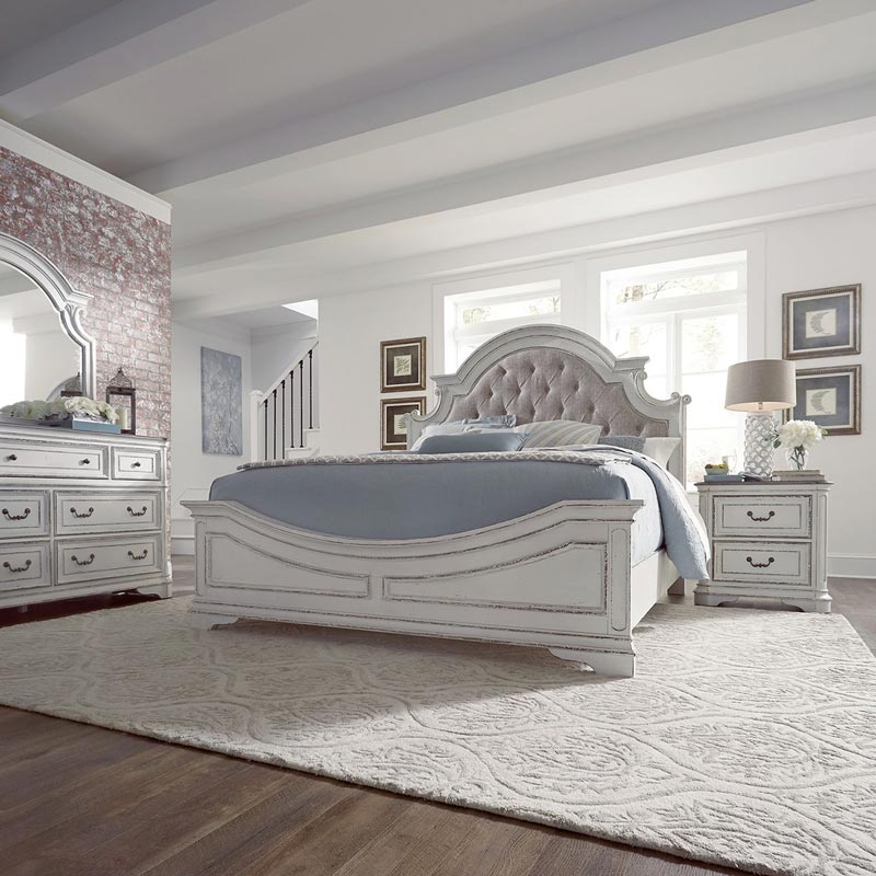 Liberty Magnolia Manor King Upholstered Bed, Dresser, Mirror & Nightstand