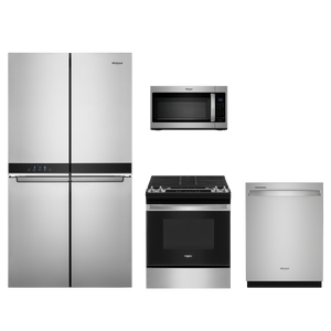Whirlpool 4pc Appliance Package - 19.4 Cu. Ft. Counter-Depth Side-by-Side Quad Door Fridge and Convection Slide-In Electric Range with Air Fry
