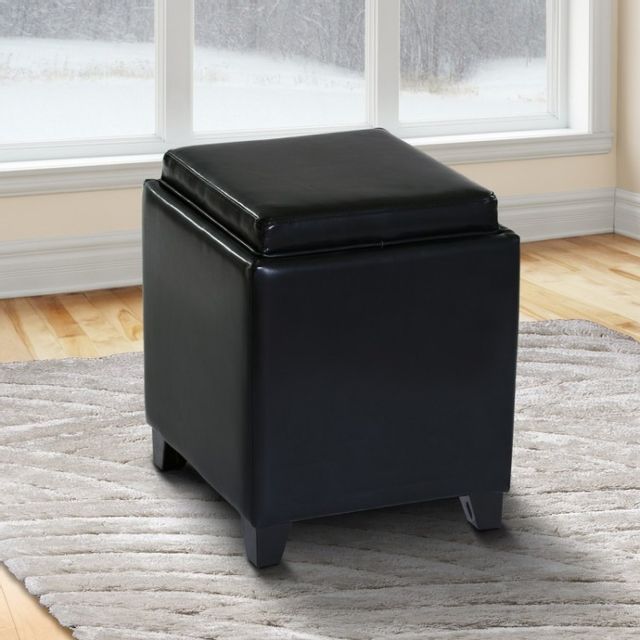 Armen Living Rainbow Black Bonded Leather Storage Ottoman With Tray-1