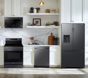 SAMSUNG 4 Piece Kitchen Package with a 31 Cu. Ft. Mega Capacity French Door Refrigerator w/ Dispenser PLUS a FREE $100 Furniture Gift Card!
