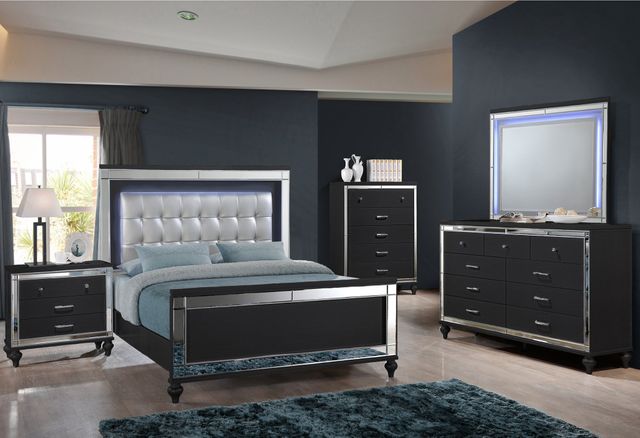 New Classic® Home Furnishings Valentino 4-Piece Black Queen Upholstered Bedroom Set with Nightstand-0