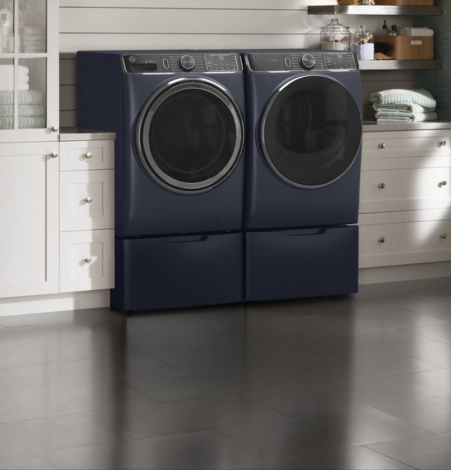 GE 850 Series Royal Sapphire Front Load Washer & Gas Dryer Package w/ Pedestals-0