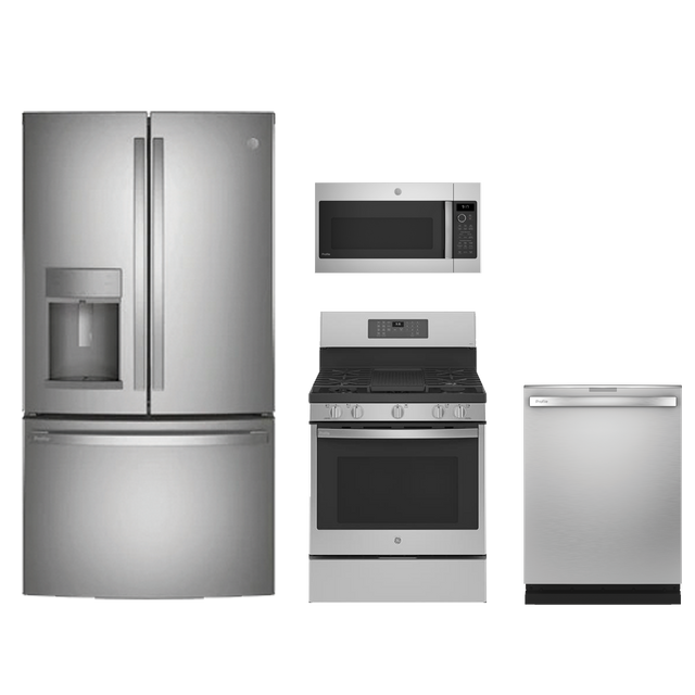 GE Profile 4pc Appliance Package - 22.1 Cu. Ft. Counter-Depth French Door Fridge and Smart Convection Gas Range With No Preheat Air Fry