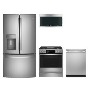 GE Profile 4pc Appliance Package -  22.1 Cu. 4-Door Ft. Counter-Depth French Door Fridge and Convection Slide-In Gas Range with Air Fry