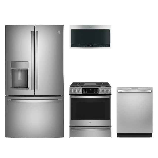 GE Profile 4pc Appliance Package -  22.1 Cu. 4-Door Ft. Counter-Depth French Door Fridge and Convection Slide-In Gas Range with Air Fry