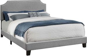 Bed, Queen Size, Platform, Bedroom, Frame, Upholstered, Linen Look, Wood Legs, Grey, Chrome, Transitional