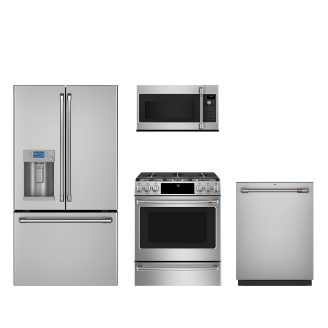 Cafe 4pc Smart Appliance Package - 22.1.8 cu.ft. Counter-Depth French Door Fridge and Convection Gas Slide-In Range with Air Fry