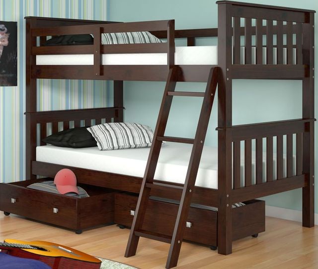 Donco Trading Company Dark Cappuccino Twin/Twin Mission Bunk Bed With Dual Under Bed Drawers-0