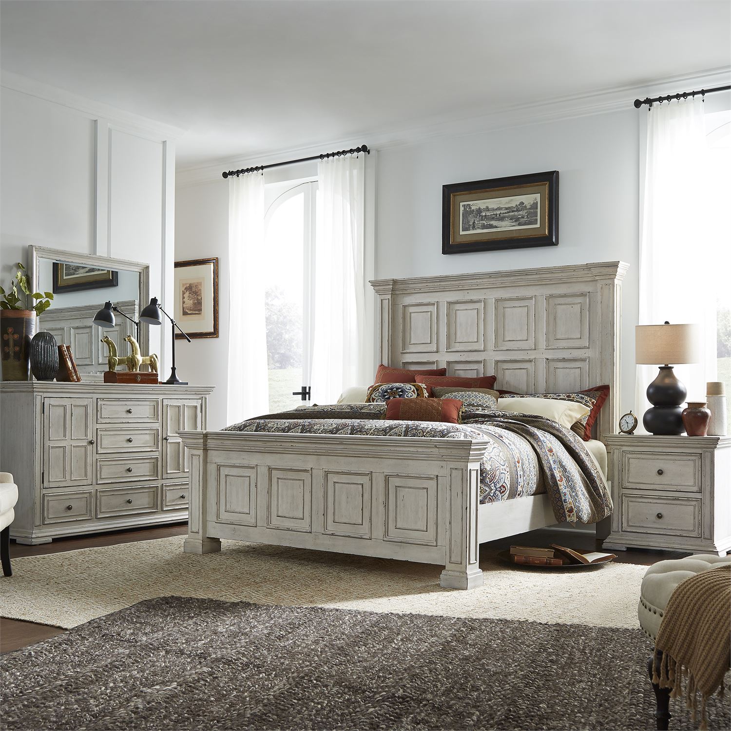 Liberty Furniture Big Valley 4 Piece Whitestone Finish with Heavy Distressing Queen Bedroom Set